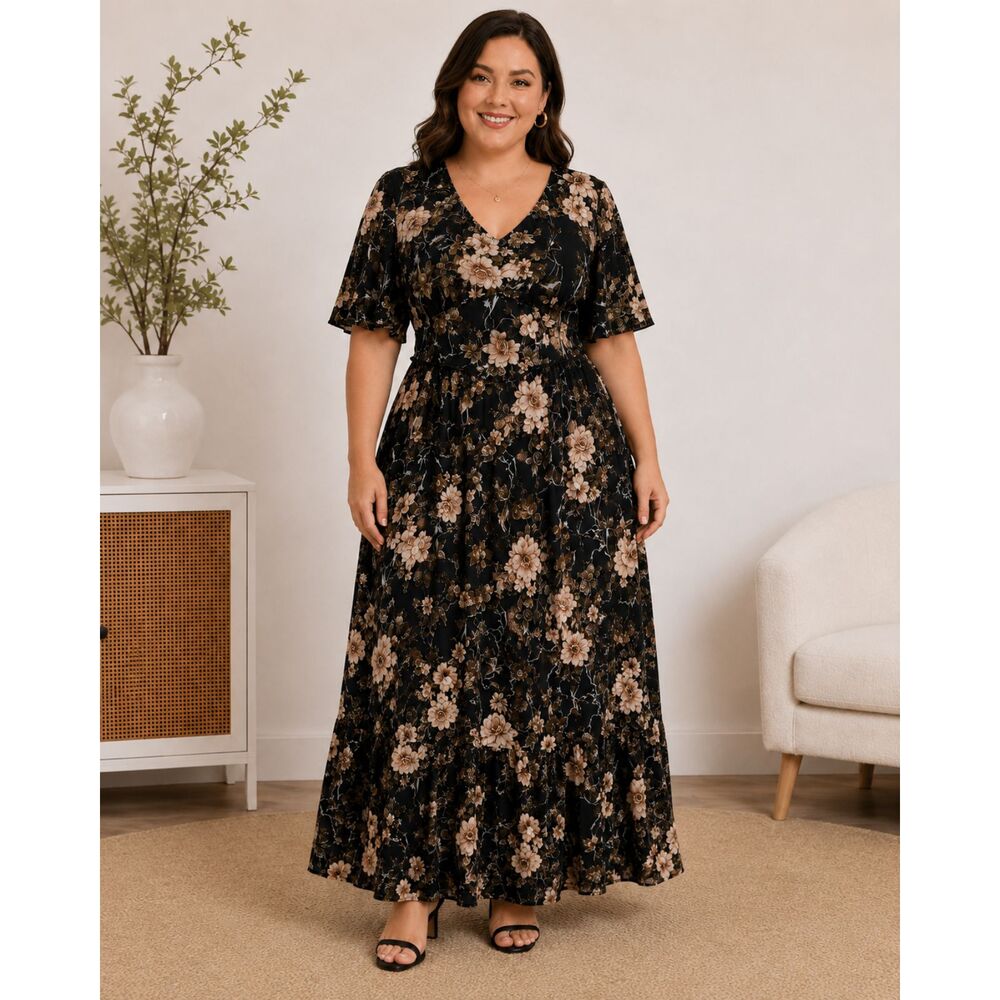 BloomChic NWT Size 14-16 Black Floral Maxi Dress V Neck Flutter Sleeve